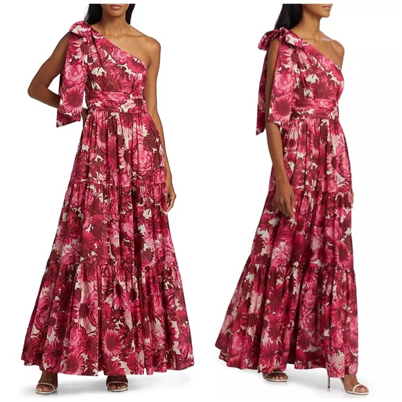 Cara Cara Mattera Floral One Shoulder Maxi Dress Pink Enchanted Tie Sz 4 w/ tags - Picture 1 of 11
